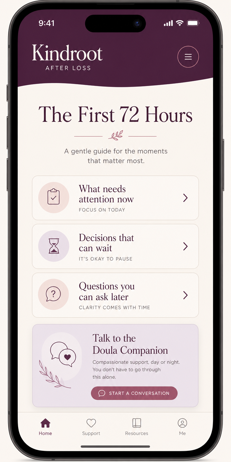 Kindroot After Loss app showing The First 72 Hours guide with gentle next steps and a doula companion